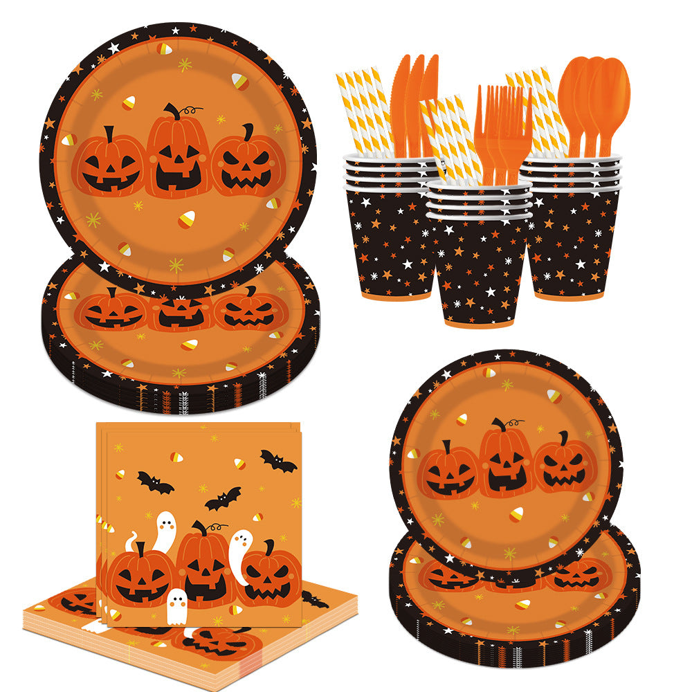 Nuvarey 9-Inch and 7-Inch Halloween Pumpkin Ghost Theme Disposable Paper Plates (25 Each), 25 Paper Cups, 25 Napkins, 25 Forks and Knives, Dinnerware Party Set – Packaging May Vary