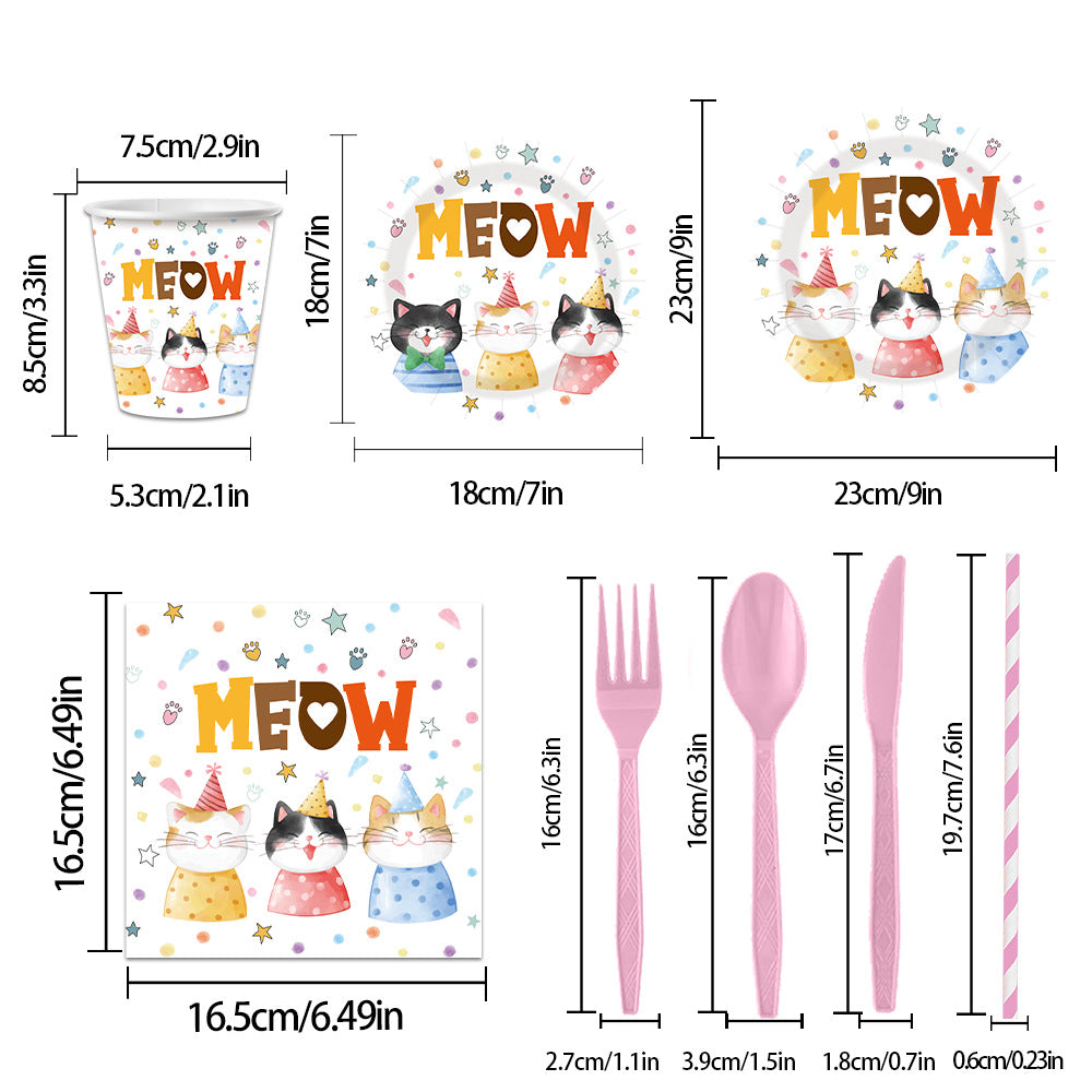 Nuvarey 9-Inch and 7-Inch Cute Cat Theme Disposable Paper Plates (25 Each), 25 Paper Cups, 25 Napkins, 25 Forks and Knives, Dinnerware Party Set – Packaging May Vary