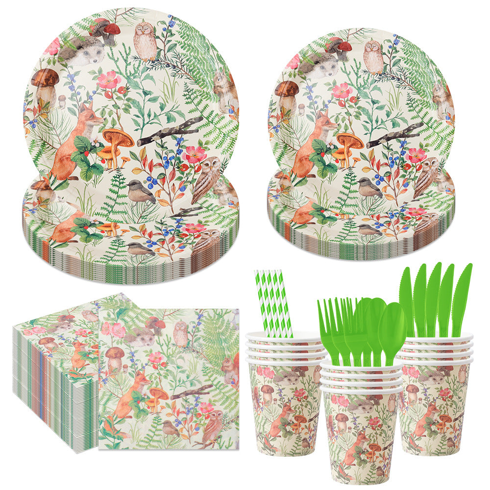 Nuvarey 9-Inch and 7-Inch Jungle Animals Theme Disposable Paper Plates (25 Each), 25 Paper Cups, 25 Napkins, 25 Forks and Knives, Dinnerware Party Set – Packaging May Vary