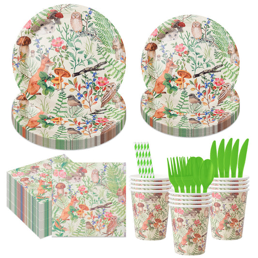 Nuvarey 9-Inch and 7-Inch Jungle Animals Theme Disposable Paper Plates (25 Each), 25 Paper Cups, 25 Napkins, 25 Forks and Knives, Dinnerware Party Set – Packaging May Vary