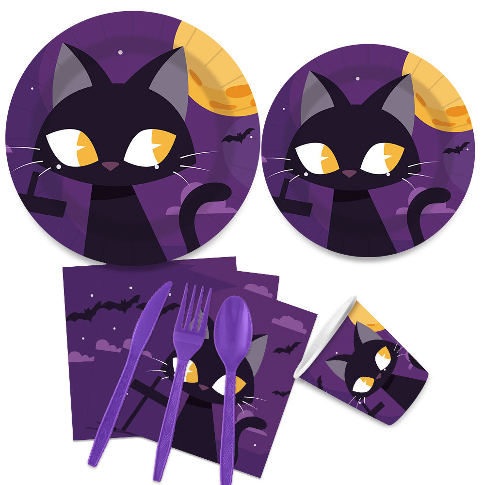 Nuvarey 9-Inch and 7-Inch Halloween Evil Cat Theme Disposable Paper Plates (25 Each), 25 Paper Cups, 25 Napkins, 25 Forks and Knives, Dinnerware Party Set – Packaging May Vary