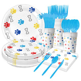 Nuvarey 9-Inch and 7-Inch Cartoon Dog Paw Theme Disposable Paper Plates (25 Each), 25 Paper Cups, 25 Napkins, 25 Forks and Knives, Dinnerware Party Set – Packaging May Vary
