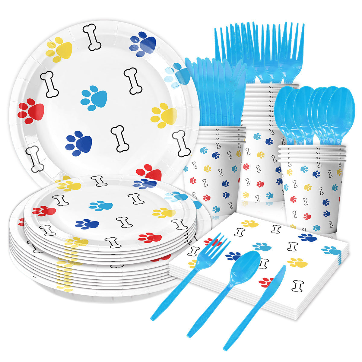 Nuvarey 9-Inch and 7-Inch Cartoon Dog Paw Theme Disposable Paper Plates (25 Each), 25 Paper Cups, 25 Napkins, 25 Forks and Knives, Dinnerware Party Set – Packaging May Vary