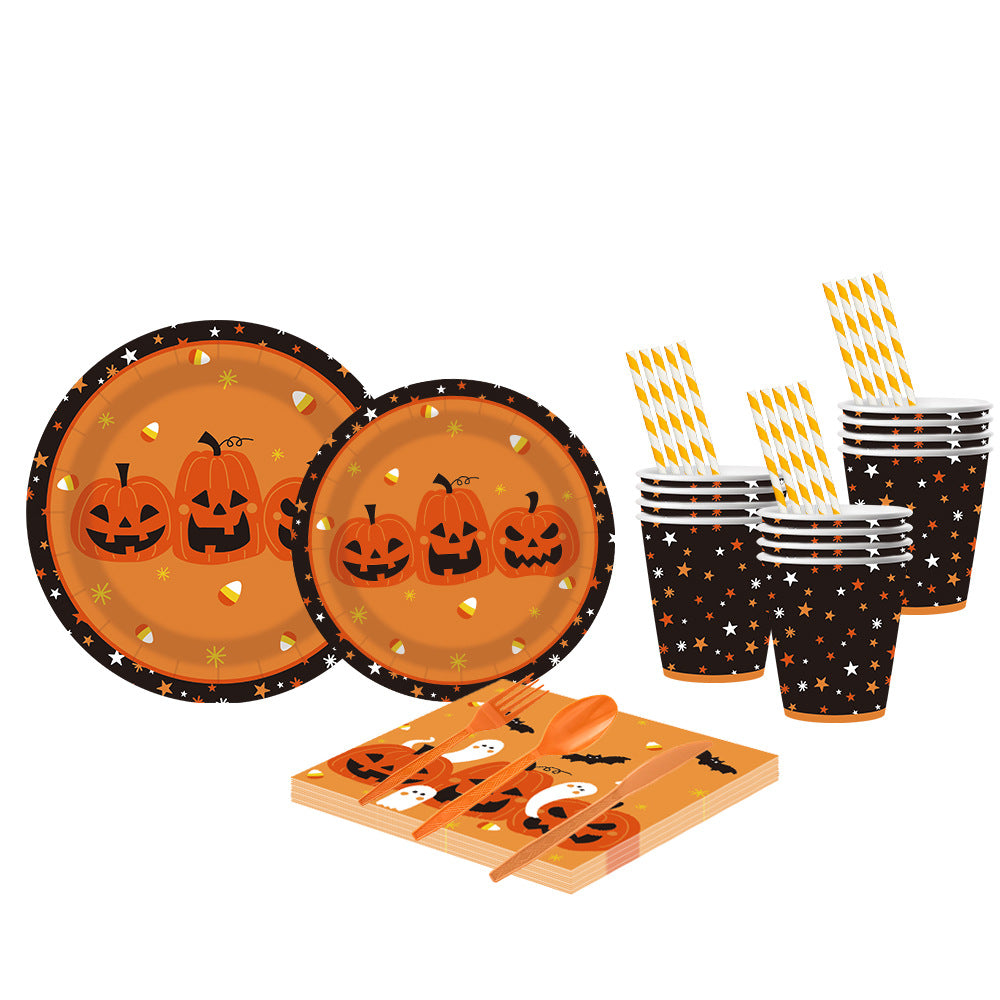 Nuvarey 9-Inch and 7-Inch Halloween Pumpkin Ghost Theme Disposable Paper Plates (25 Each), 25 Paper Cups, 25 Napkins, 25 Forks and Knives, Dinnerware Party Set – Packaging May Vary