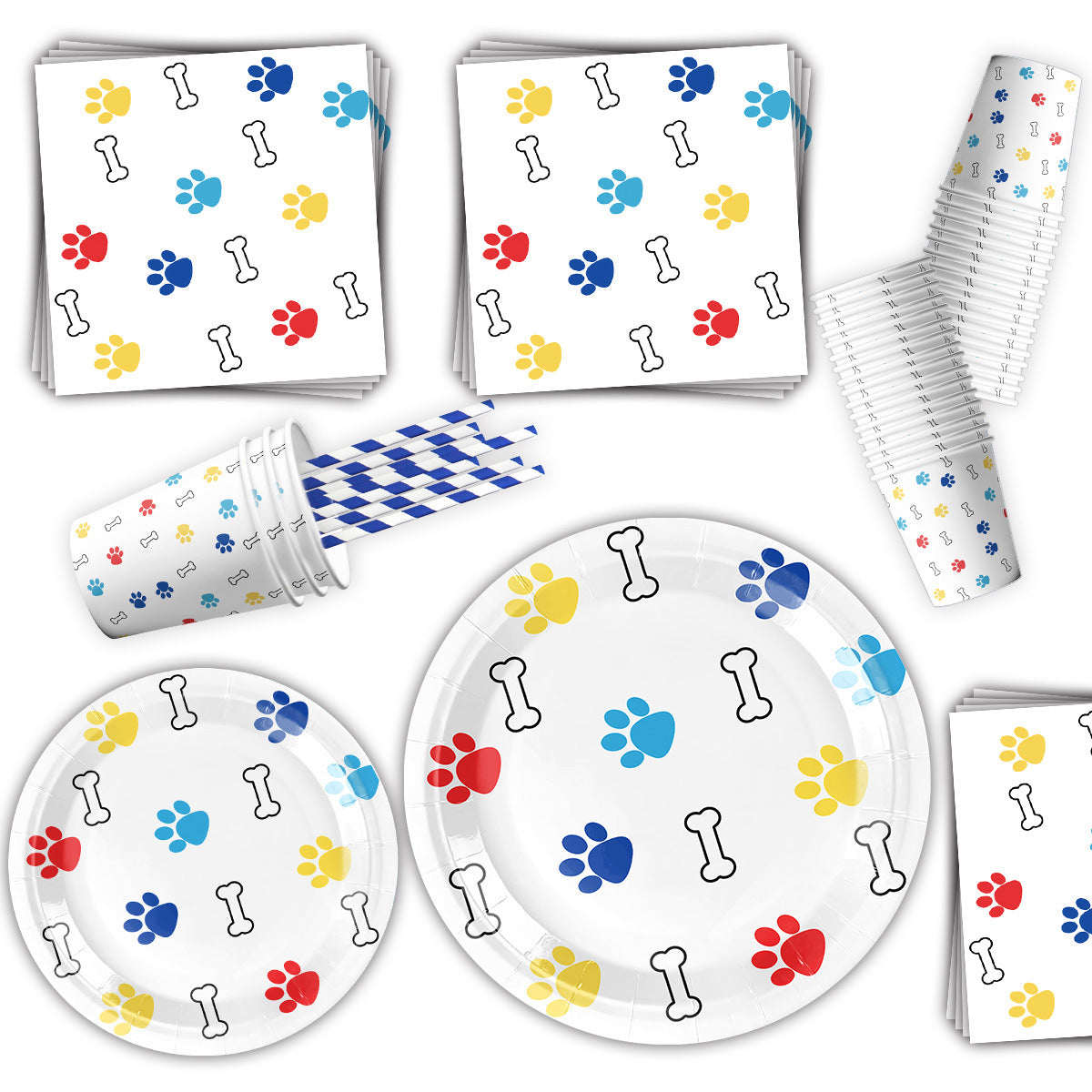 Nuvarey 9-Inch and 7-Inch Cartoon Dog Paw Theme Disposable Paper Plates (25 Each), 25 Paper Cups, 25 Napkins, 25 Forks and Knives, Dinnerware Party Set – Packaging May Vary