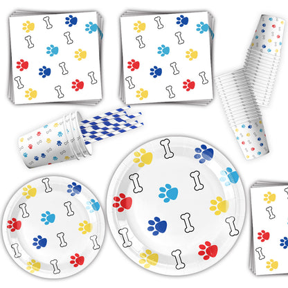 Nuvarey 9-Inch and 7-Inch Cartoon Dog Paw Theme Disposable Paper Plates (25 Each), 25 Paper Cups, 25 Napkins, 25 Forks and Knives, Dinnerware Party Set – Packaging May Vary