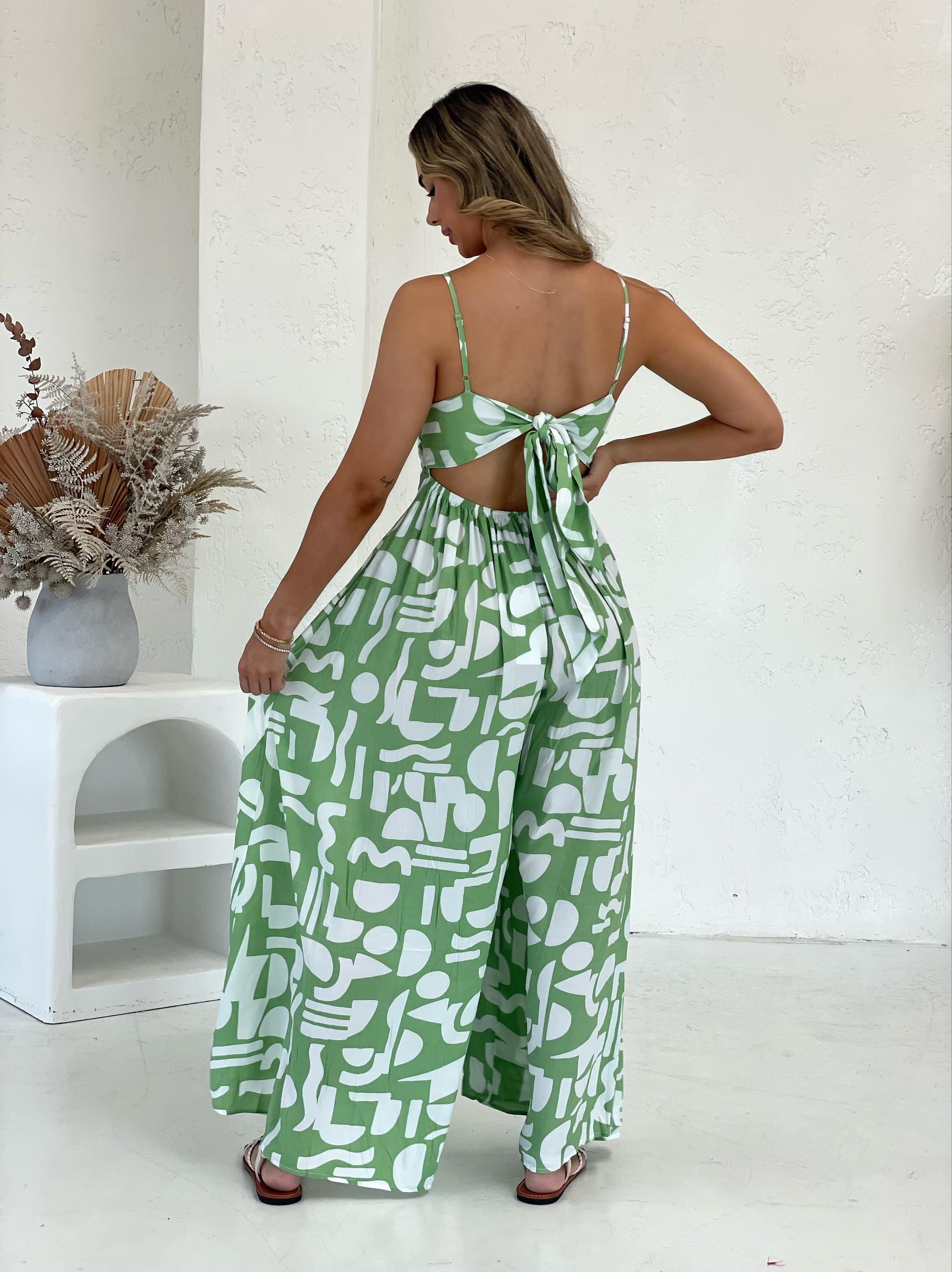 Green and White Printed Jumpsuit
