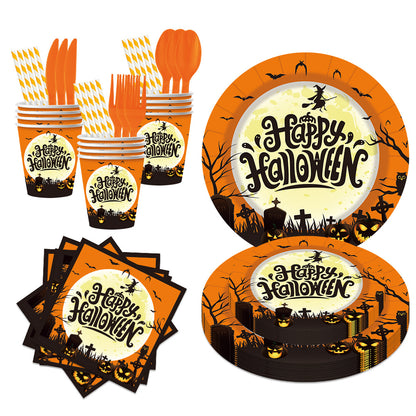 Nuvarey 9-Inch and 7-Inch Halloween Witch Theme Disposable Paper Plates (25 Each), 25 Paper Cups, 25 Napkins, 25 Forks and Knives, Dinnerware Party Set – Packaging May Vary