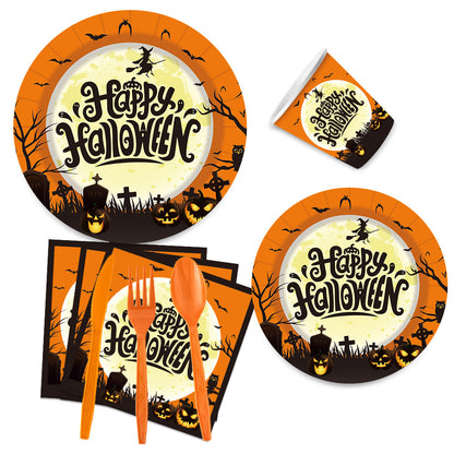 Nuvarey 9-Inch and 7-Inch Halloween Witch Theme Disposable Paper Plates (25 Each), 25 Paper Cups, 25 Napkins, 25 Forks and Knives, Dinnerware Party Set – Packaging May Vary