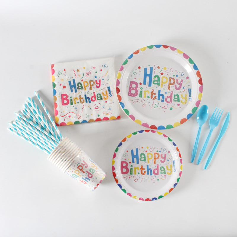 Nuvarey 9-Inch and 7-Inch Colorful Happy Birthday Printed Disposable Paper Plates (25 Each), 25 Paper Cups, 25 Napkins, 25 Forks and Knives, Dinnerware Party Set – Packaging May Vary
