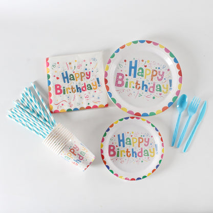 Nuvarey 9-Inch and 7-Inch Colorful Happy Birthday Printed Disposable Paper Plates (25 Each), 25 Paper Cups, 25 Napkins, 25 Forks and Knives, Dinnerware Party Set – Packaging May Vary