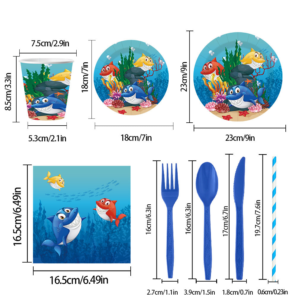 Nuvarey 9-Inch and 7-Inch Ocean Theme Disposable Paper Plates (25 Each), 25 Paper Cups, 25 Napkins, 25 Forks and Knives, Dinnerware Party Set – Packaging May Vary