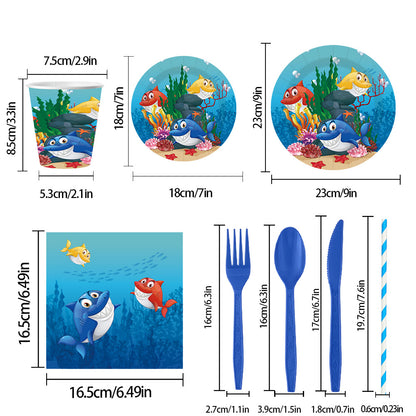 Nuvarey 9-Inch and 7-Inch Ocean Theme Disposable Paper Plates (25 Each), 25 Paper Cups, 25 Napkins, 25 Forks and Knives, Dinnerware Party Set – Packaging May Vary
