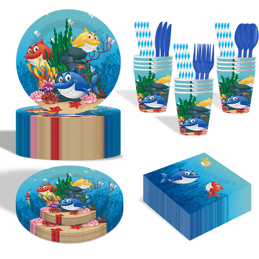 Nuvarey 9-Inch and 7-Inch Ocean Theme Disposable Paper Plates (25 Each), 25 Paper Cups, 25 Napkins, 25 Forks and Knives, Dinnerware Party Set – Packaging May Vary
