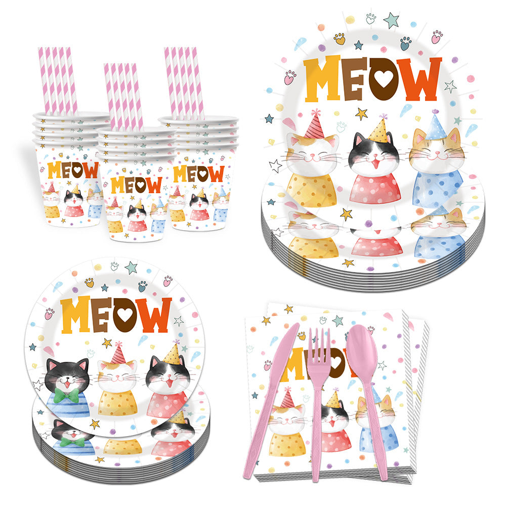 Nuvarey 9-Inch and 7-Inch Cute Cat Theme Disposable Paper Plates (25 Each), 25 Paper Cups, 25 Napkins, 25 Forks and Knives, Dinnerware Party Set – Packaging May Vary