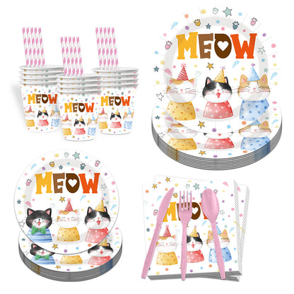 Nuvarey 9-Inch and 7-Inch Cute Cat Theme Disposable Paper Plates (25 Each), 25 Paper Cups, 25 Napkins, 25 Forks and Knives, Dinnerware Party Set – Packaging May Vary