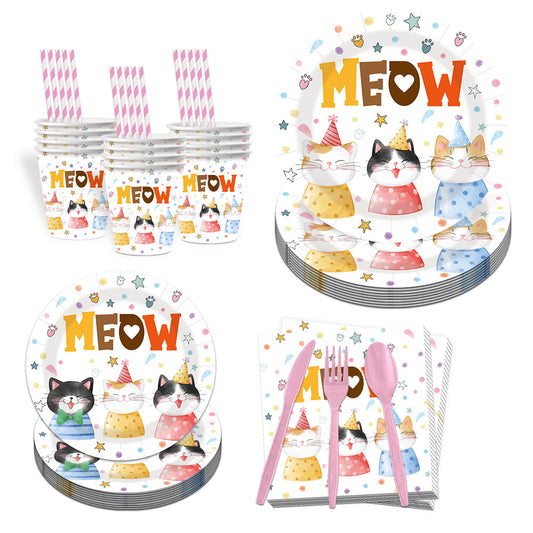 Nuvarey 9-Inch and 7-Inch Cute Cat Theme Disposable Paper Plates (25 Each), 25 Paper Cups, 25 Napkins, 25 Forks and Knives, Dinnerware Party Set – Packaging May Vary