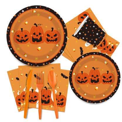Nuvarey 9-Inch and 7-Inch Halloween Pumpkin Ghost Theme Disposable Paper Plates (25 Each), 25 Paper Cups, 25 Napkins, 25 Forks and Knives, Dinnerware Party Set – Packaging May Vary