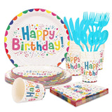 Nuvarey 9-Inch and 7-Inch Colorful Happy Birthday Printed Disposable Paper Plates (25 Each), 25 Paper Cups, 25 Napkins, 25 Forks and Knives, Dinnerware Party Set – Packaging May Vary