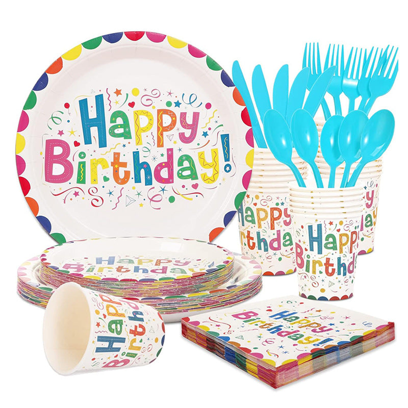 Nuvarey 9-Inch and 7-Inch Colorful Happy Birthday Printed Disposable Paper Plates (25 Each), 25 Paper Cups, 25 Napkins, 25 Forks and Knives, Dinnerware Party Set – Packaging May Vary