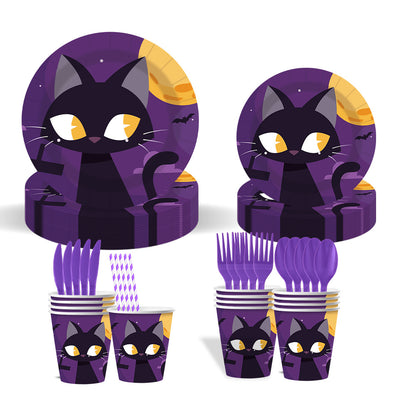 Nuvarey 9-Inch and 7-Inch Halloween Evil Cat Theme Disposable Paper Plates (25 Each), 25 Paper Cups, 25 Napkins, 25 Forks and Knives, Dinnerware Party Set – Packaging May Vary