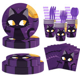 Nuvarey 9-Inch and 7-Inch Halloween Evil Cat Theme Disposable Paper Plates (25 Each), 25 Paper Cups, 25 Napkins, 25 Forks and Knives, Dinnerware Party Set – Packaging May Vary