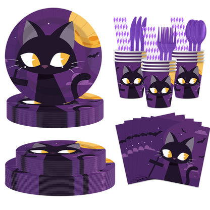 Nuvarey 9-Inch and 7-Inch Halloween Evil Cat Theme Disposable Paper Plates (25 Each), 25 Paper Cups, 25 Napkins, 25 Forks and Knives, Dinnerware Party Set – Packaging May Vary