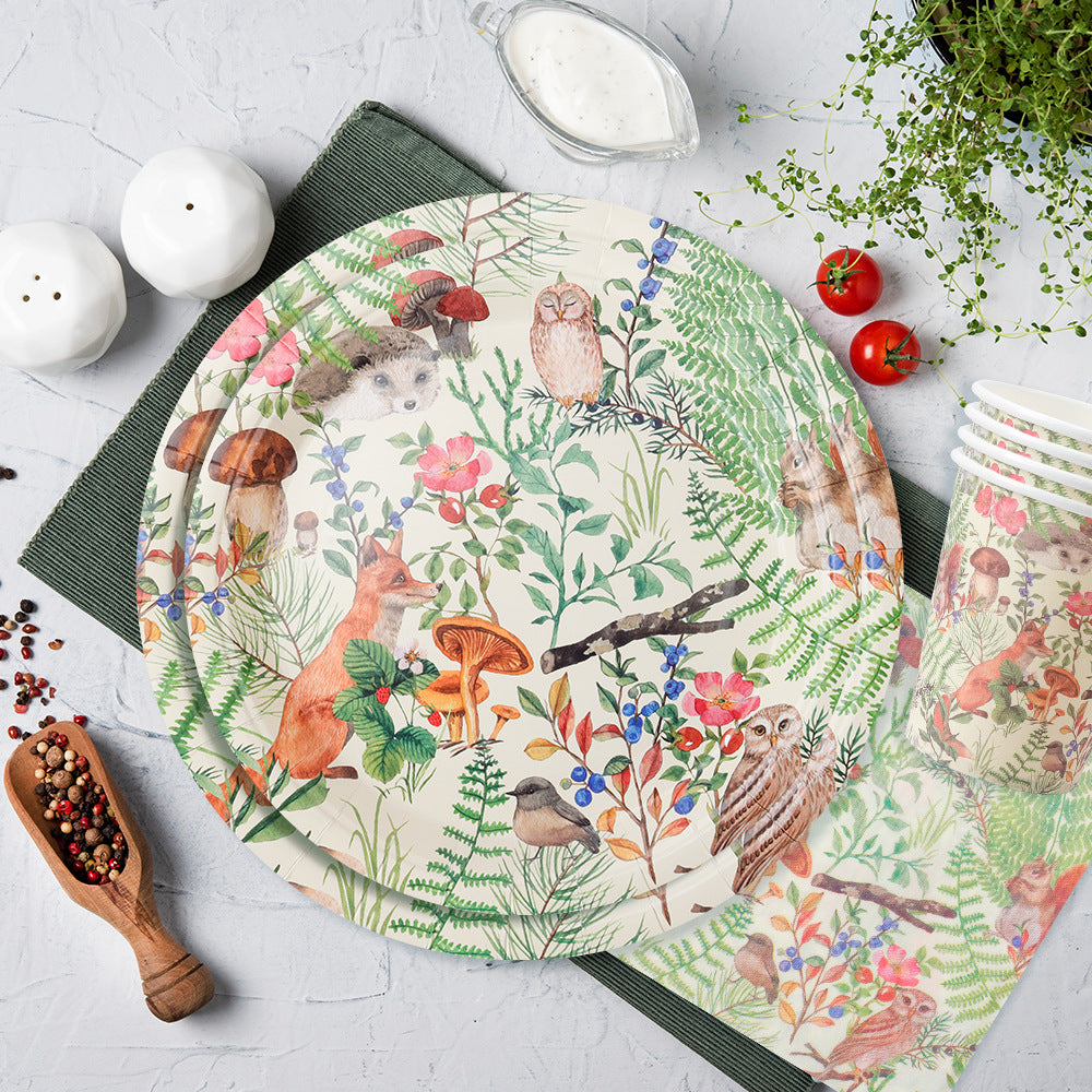 Nuvarey 9-Inch and 7-Inch Jungle Animals Theme Disposable Paper Plates (25 Each), 25 Paper Cups, 25 Napkins, 25 Forks and Knives, Dinnerware Party Set – Packaging May Vary