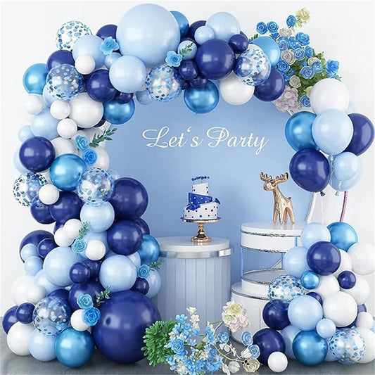Nuvarey Blue birthday theme party scene layout arch decoration balloons