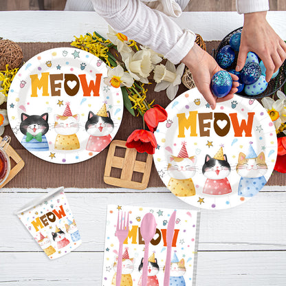 Nuvarey 9-Inch and 7-Inch Cute Cat Theme Disposable Paper Plates (25 Each), 25 Paper Cups, 25 Napkins, 25 Forks and Knives, Dinnerware Party Set – Packaging May Vary