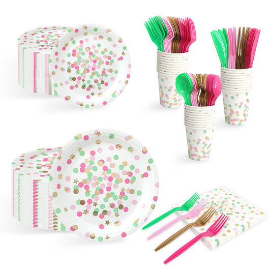 Nuvarey 9-Inch and 7-Inch Party Disposable Paper Plates (25 Each), 25 Paper Cups, 25 Napkins, 25 Forks and Knives, Dinnerware Party Set – Packaging May Vary